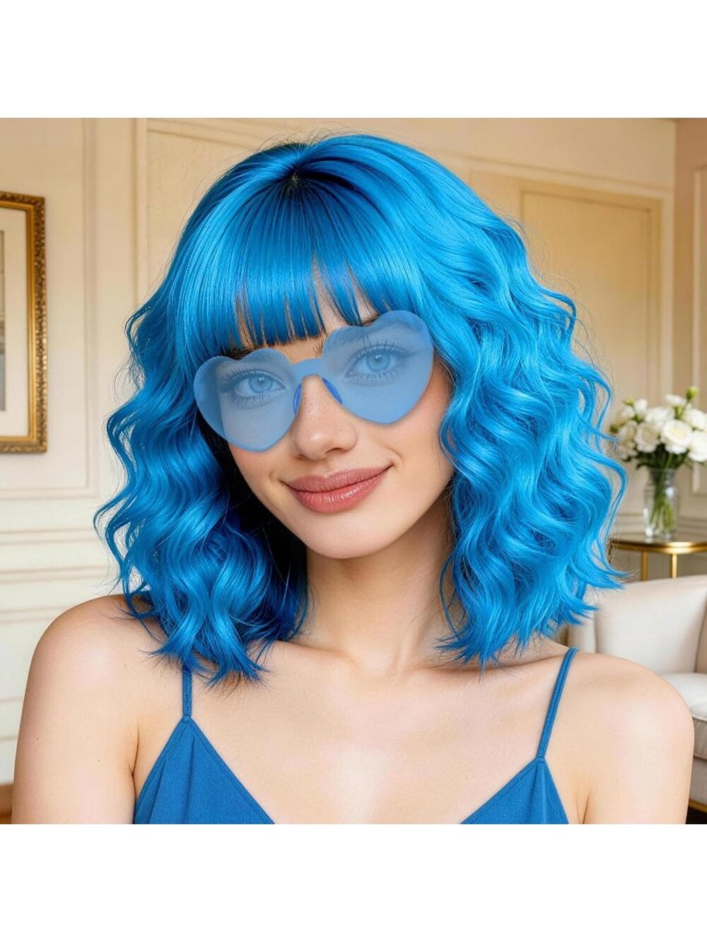 Women's Blue Synthetic Curly Wavy Shoulder Length Modern Hair Bob Wigs